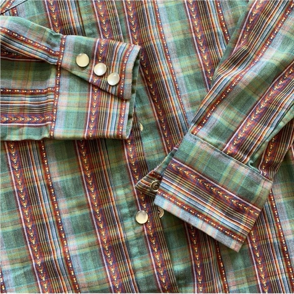 h.i.s Vintage Green Multi Plaid Pearl Snaps Western Shirt Top Women’s Medium - Picture 6 of 10